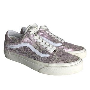 VANS Women 7.5 Old Skool Pink Cracked Shimmer Leather Low Lace‎ Up Sneaker Shoes